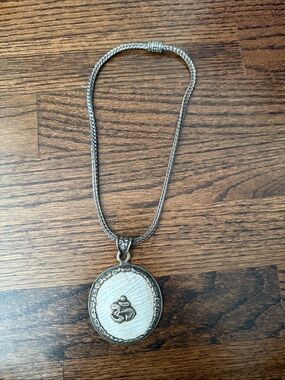 Round Silver Hand carved OM Pendant Necklace with White Inlay
